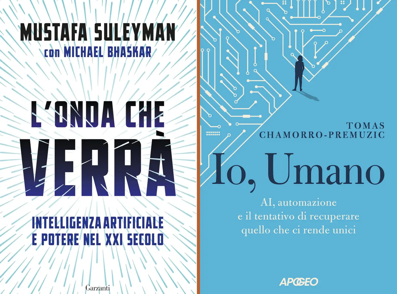 Due libri di copertina - "l'onda che verrà" e "io, umano" - per riflettere sull'intelligenza artificiale e sull'umanità.
