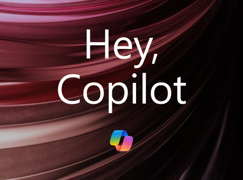 Sfondo con onde astratte rosso scuro e nero, testo ‘Hey, Copilot’ al centro e logo multicolore di Microsoft Copilot in basso