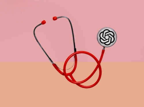 Stetoscopio rosso che forma un nodo con il logo di ChatGPT, simbolo dell’incontro tra intelligenza artificiale e sanità
