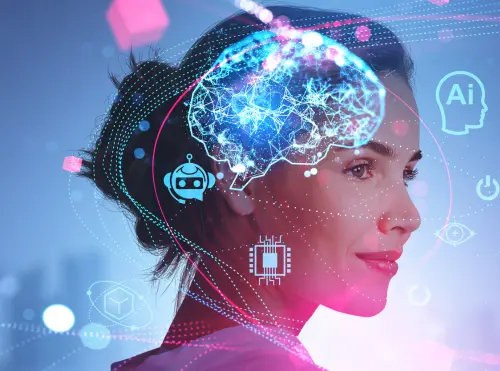 Donna di profilo con cervello digitale e icone AI sovrapposte.
