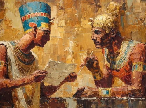 Illustrazione in stile pittorico di due figure egizie che discutono davanti a un documento — metafora del dialogo tra Socrate e il dio Theuth sulla scrittura